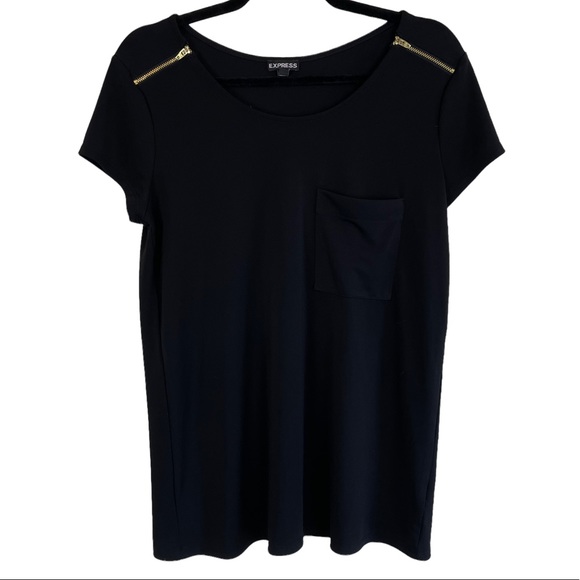 Express Gold Zipper Shoulder Stretchy Career Blouse Black Size Medium Spandex M - Picture 1 of 13
